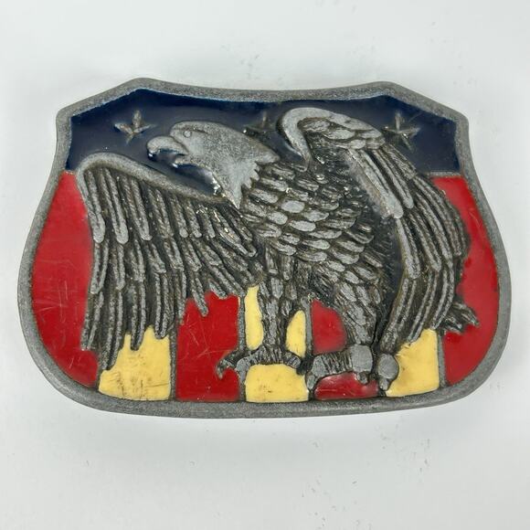 Lot of 2 Eagle Brass Buckle Suzuki Motor Cycles + Eagle Enameled Flag Patriotic - Picture 7 of 16